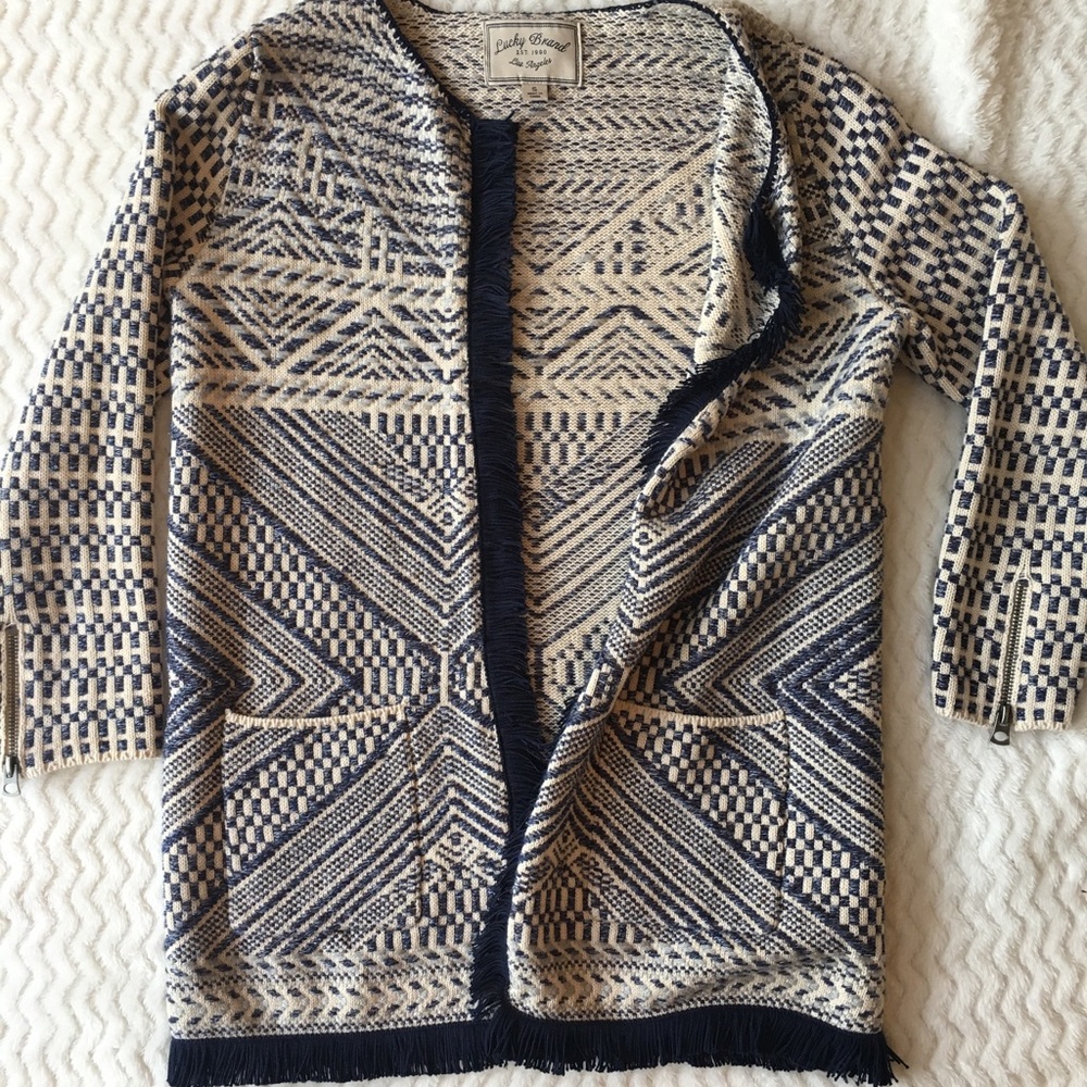 Lucky Brand Woven Open Front Fringe Cardigan
